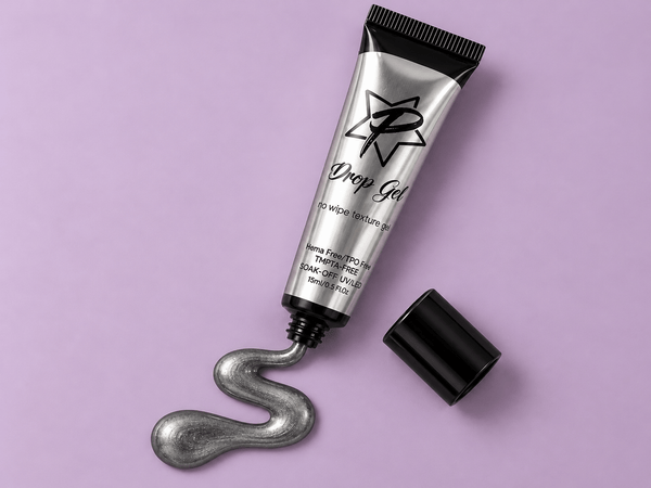 Silver drop gel squeezing out of black tube